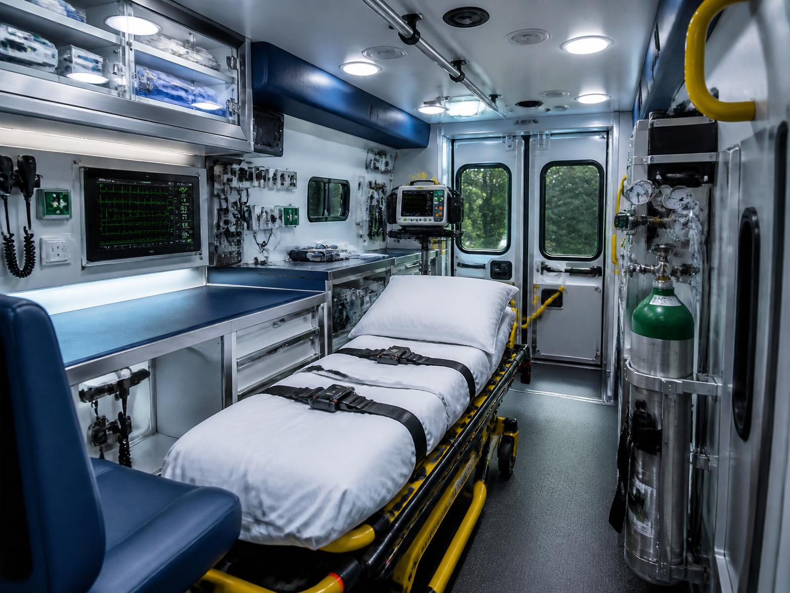 Interior of an advanced cardiac life-support ambulance